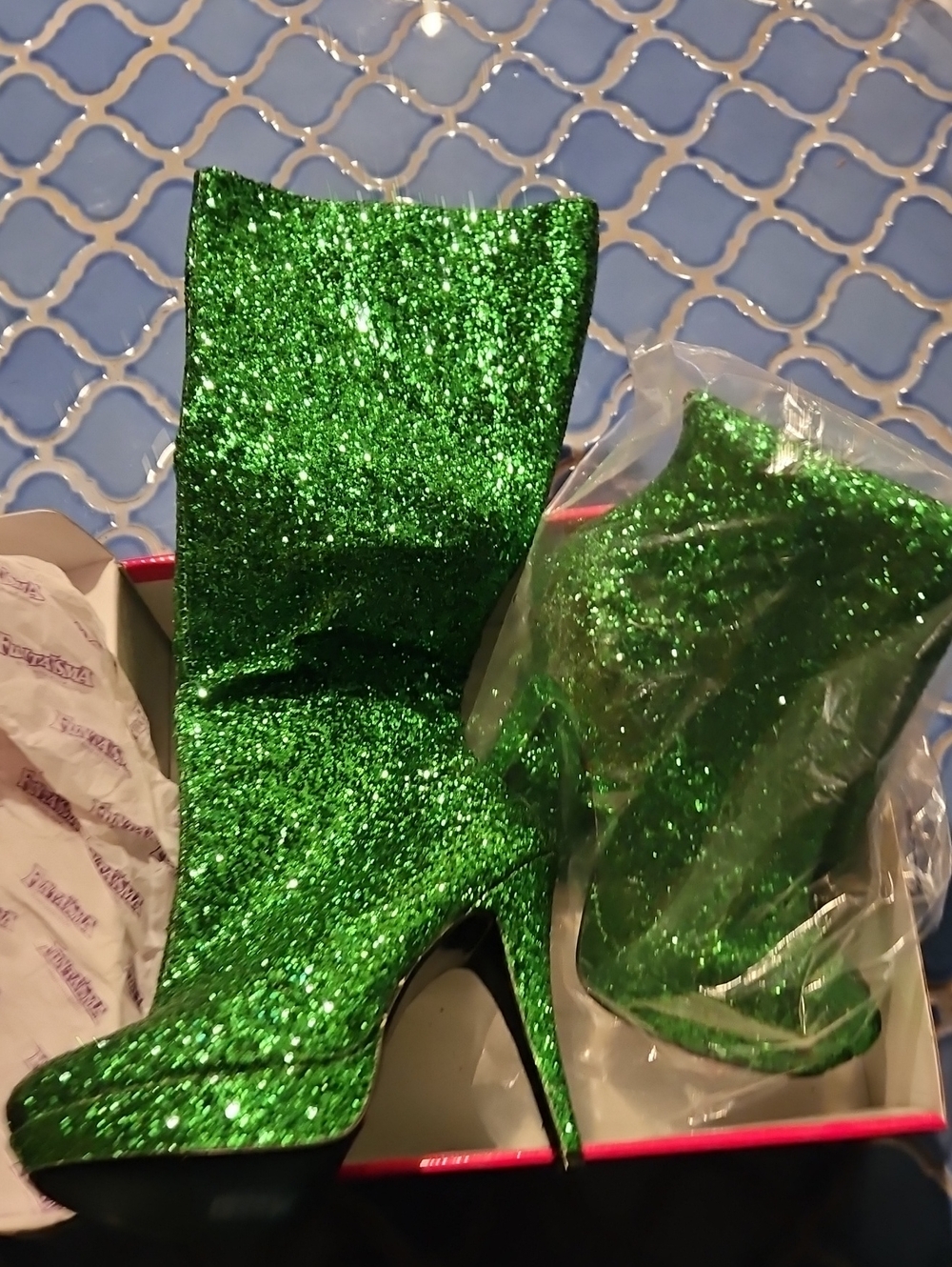 Poison Ivy Green Glitter High Heel Boots Knee High and Red Wig